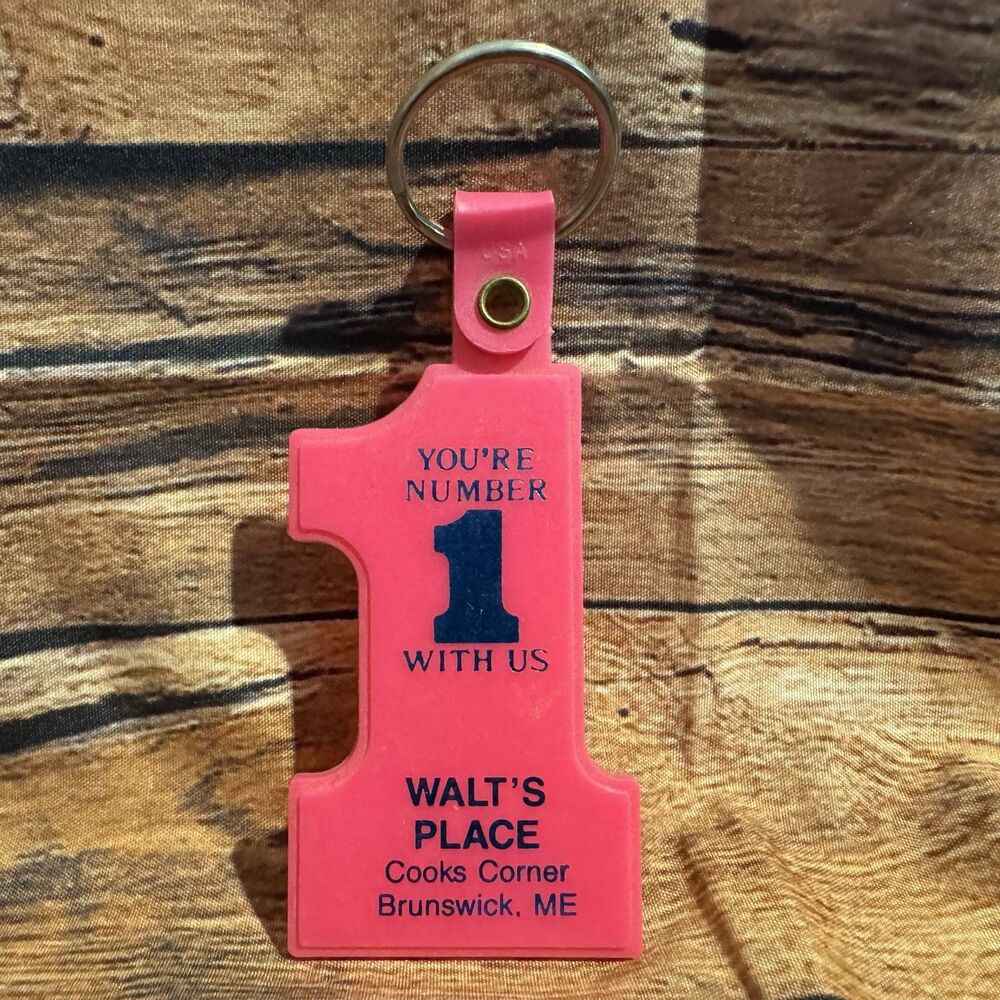 Vintage Walts Place Key Chain Pink Rubber Number 1 Brunswick Maine Advertising
